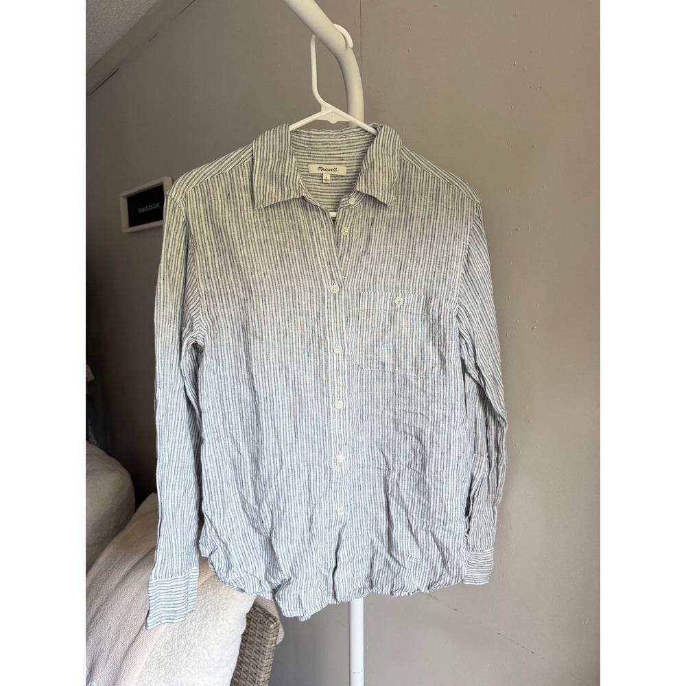 Madewell Button Down Shirt Womens Small Blue White Excellent 100% Linen Striped
